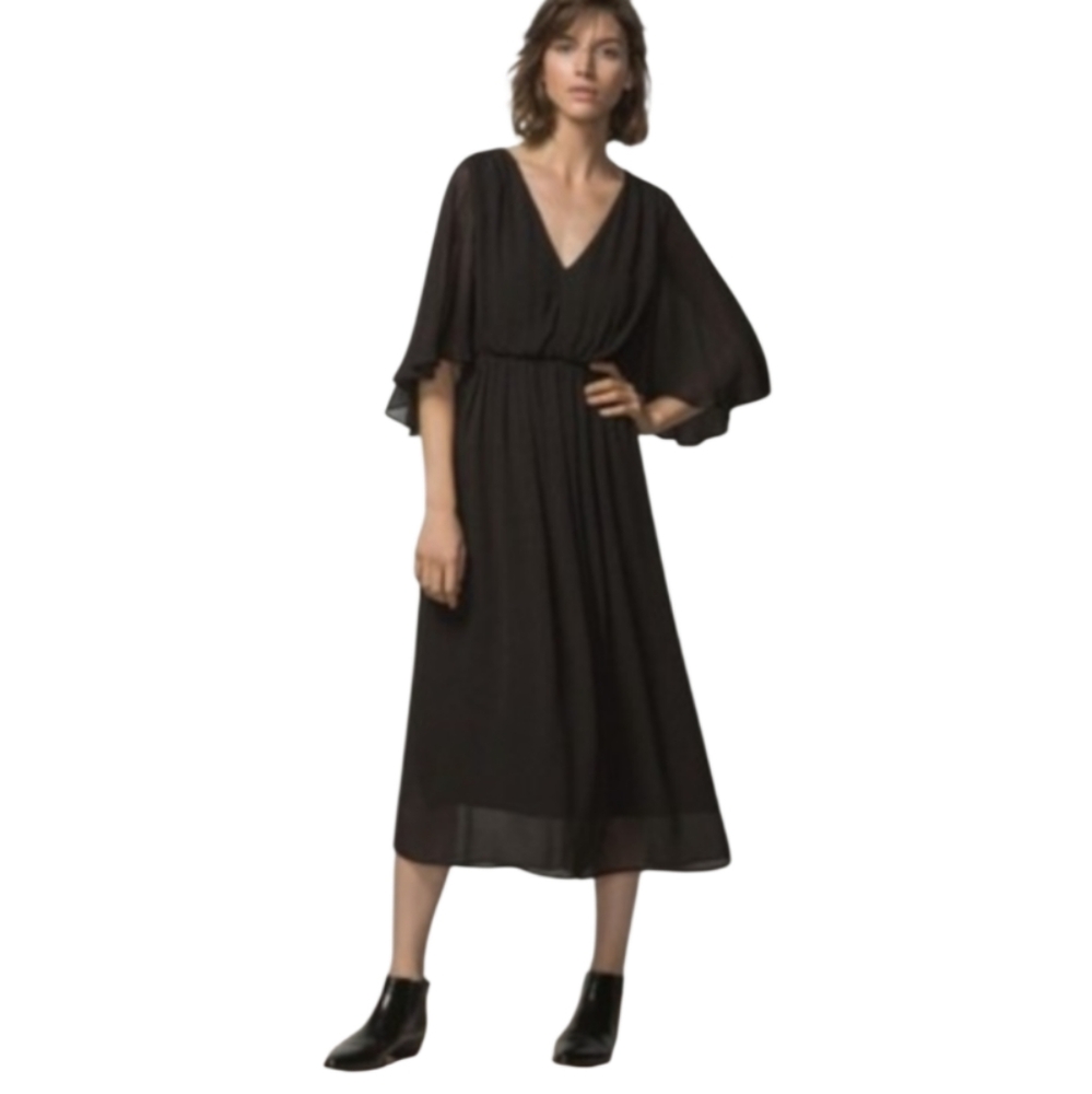 Massimo Dutti Elegant Black Midi Dress Size 4 Gothic Flutter Sleeve NWOT